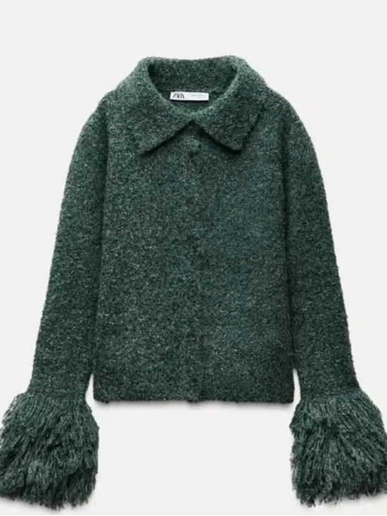 Zara Dark Green Textured sweater with Faux-Fur Cuffs - Picture 1 of 3